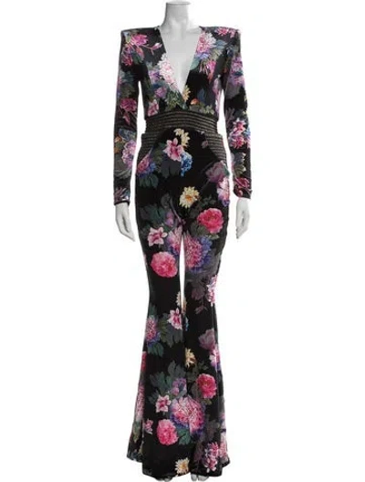 Pre-owned Zhivago Floral Print V-neck Jumpsuit W/ Tags In Black/metallic