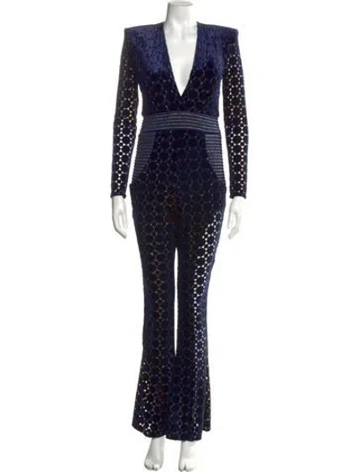 Pre-owned Zhivago Lace Pattern Plunge Neckline Jumpsuit In Blue