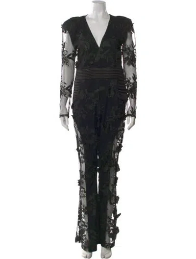 Pre-owned Zhivago Lace Pattern V-neck Jumpsuit In Black