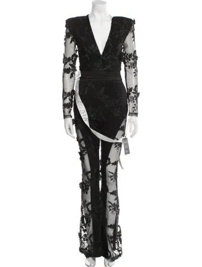 Pre-owned Zhivago Lace Pattern V-neck Jumpsuit W/ Tags In Black