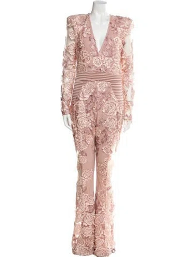 Pre-owned Zhivago Lace Pattern V-neck Jumpsuit W/ Tags In Pink