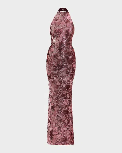 Zhivago No More Songs Sequined Halter Column Gown In Brown