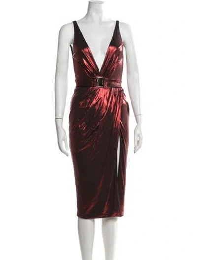 Pre-owned Zhivago Plunge Neckline Midi Length Dress W/ Tags In Metallic/red