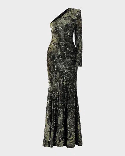 Zhivago This Is Not Her Sequined One-shoulder Mermaid Gown In Green