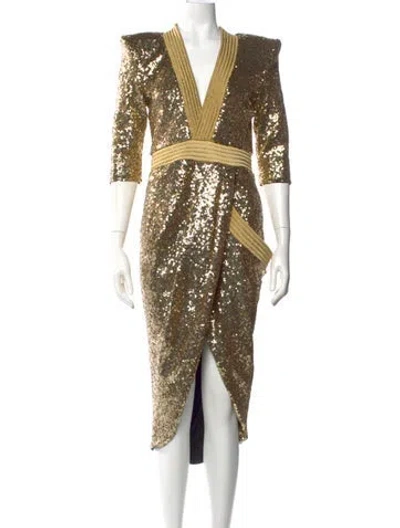 Pre-owned Zhivago V-neck Midi Length Dress In Gold