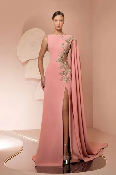 Ziad Nakad Crepe Embroidered Gown In Pink