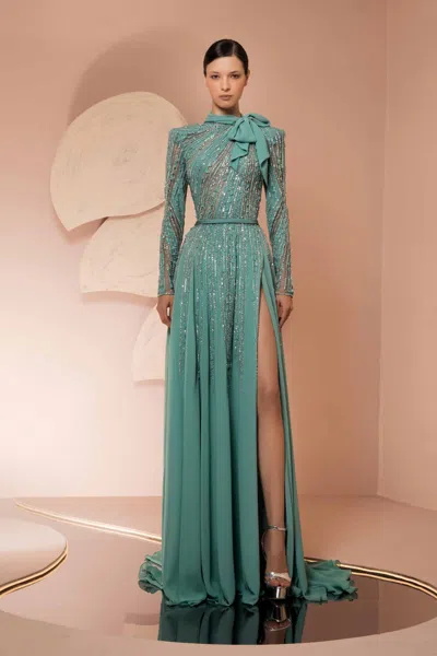 Ziad Nakad Crepe Embroidery Slit Gown In Green | ModeSens