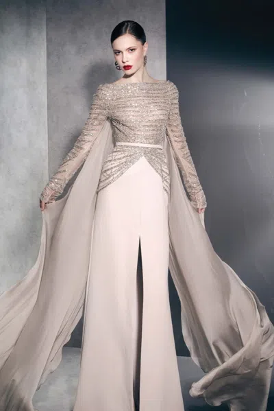 Ziad Nakad Embellished Long Sleeved Gown In Pink