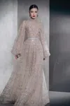 Shop Ziad Nakad Fully Embellished Puffy Long Sleeve Gown In Beige
