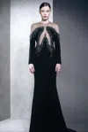 Shop Ziad Nakad Long Flared Gown With Illusion Neckline In Black