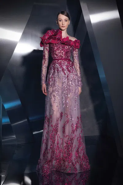 Ziad Nakad Long-sleeve Floral Neck Gown