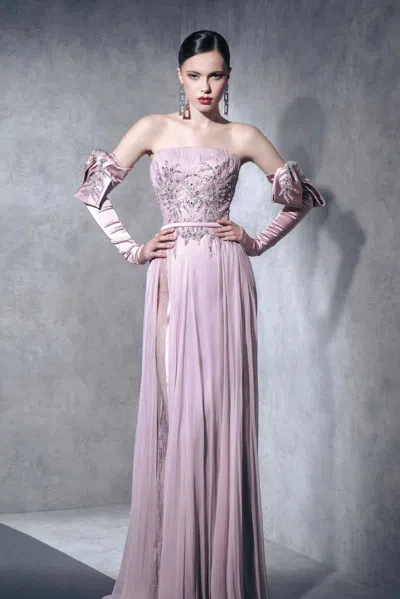 Ziad Nakad Strapless Embellished Bodice Pleated Gown In Purple