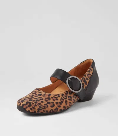 Ziera Women's Candy W Mary Jane Heels In Tan Leopard Suede/ Black Leather In Multi