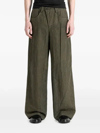 Ziggy Chen Articulated Flap Panelled Pinstriped Trousers In Green