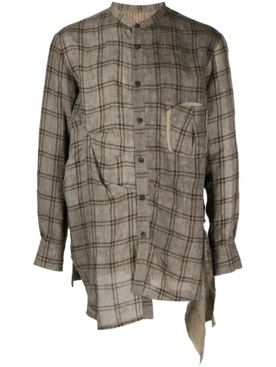 Ziggy Chen Check-pattern Panelled Linen Shirt In Brown