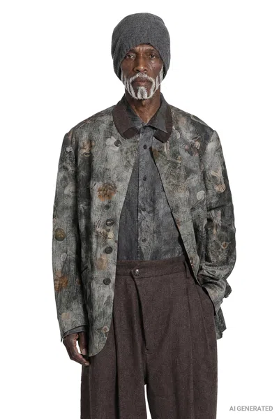 Ziggy Chen Digital Print Stand Collar Blazer In Gray