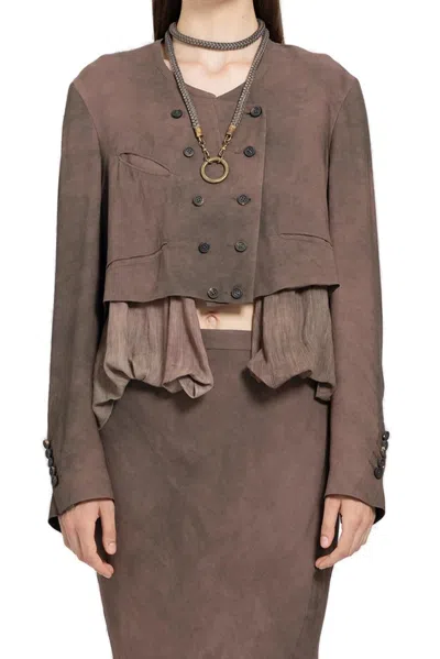 Ziggy Chen Double Breasted Layered Cropped Jacket In Brown
