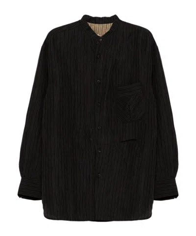 Ziggy Chen Pleated Chinese Collar Shirt In Black
