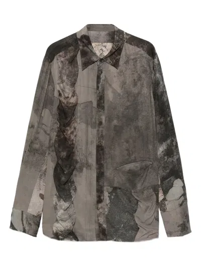 Ziggy Chen Ruffle-detail Abstract-print Shirt In Gray
