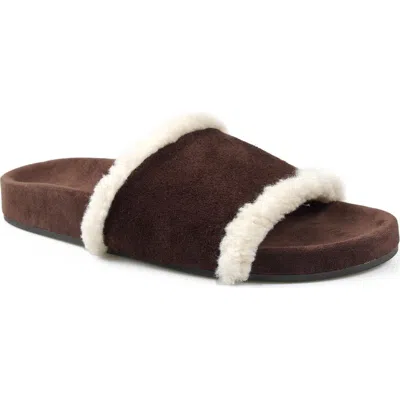 Zigi Tawney Faux Fur Trim Slide Sandal In Brown Suede