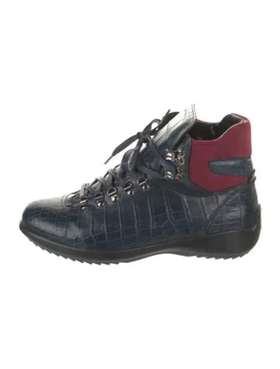 Pre-owned Zilli Crocodile Colorblock Pattern Hiking Boots In Blue