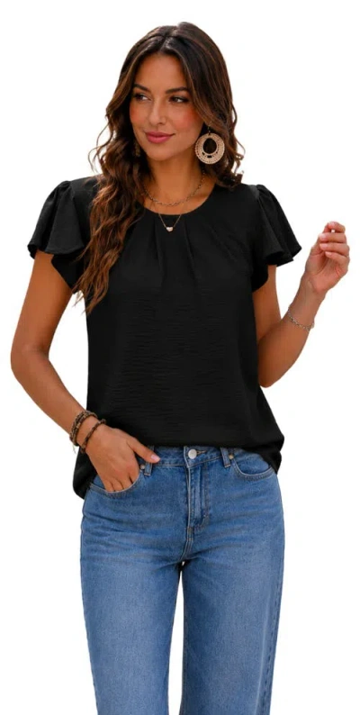 Zilpu Lightweight Pleated Flutter Sleeve Chiffon Blouse In Black