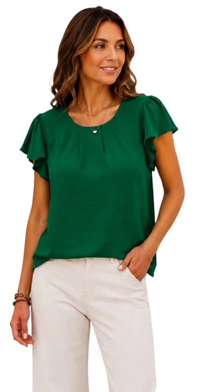 Zilpu Lightweight Pleated Flutter Sleeve Chiffon Blouse In Green