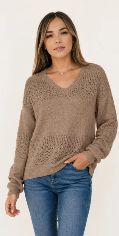 Zilpu Pointelle Knit V-neck Sweater In Coffee Brown
