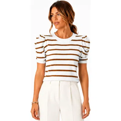 Zilpu Striped Puff Sleeve Knit Top In White