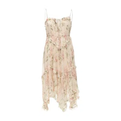 Pre-owned Zimmermann 100% Silk Blush Pink Floral Print Ruffle Trim Summer Dress Sz.1 S