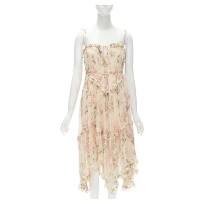 Pre-owned Zimmermann 100% Silk Blush Pink Floral Print Ruffle Trim Summer Dress Sz.1 S