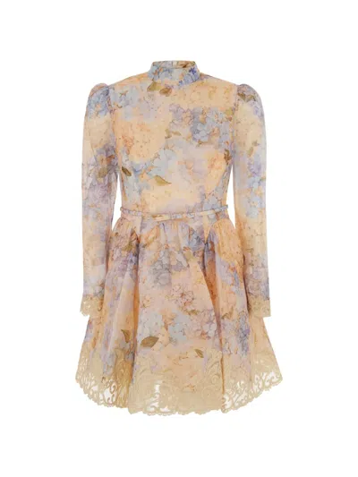 Zimmermann Floral-print Lace-trim Mini Dress In Yellow