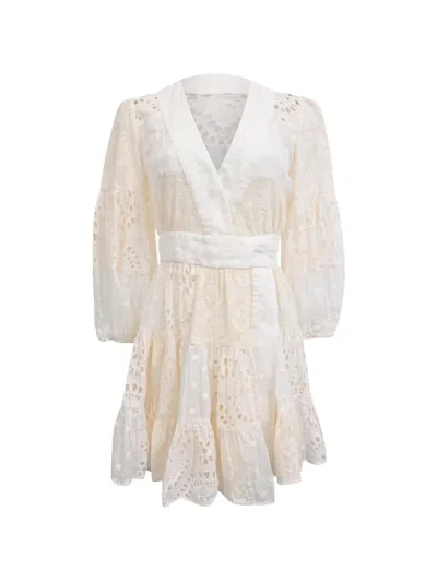 Pre-owned Zimmermann 2020s Tiered Broderie Anglaise Wrap Dress In Neutrals