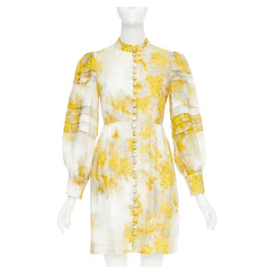 Pre-owned Zimmermann 2021 Botanica Linen Wattle Floral Print Puff Sleeves Dress Sz1 S In White