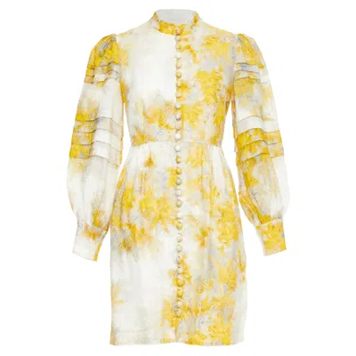 Zimmermann 2021 Botanica Yellow Grey Linen Wattle Floral Puff Sleeve Dress Sz1 S In Multi