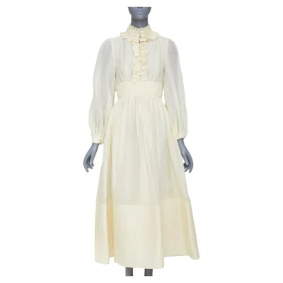 Pre-owned Zimmermann 2021 Luminous Ruffle Trim Cream Linen Silk Midi Dress Sz1 S In White