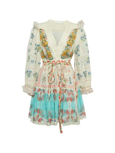 Pre-owned Zimmermann 2023 Clover Floral-print Wrap Mini Dress In White