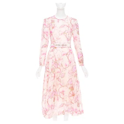 Pre-owned Zimmermann 2024 Runway Matchmaker Pink Floral Linen Silk Midi Dress Size 1 Xs-s