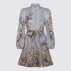 Zimmermann Rebellion Multicolor Midi Dress With Bow Detail On The Front And All-over Floral Print In Linen Woma In Blue