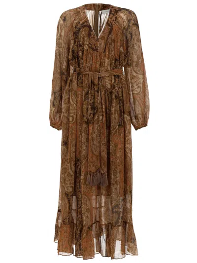 Zimmermann Carousel Dress Paisley Batwing Belt In Brown