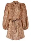 Zimmermann Cascadian Beige Tunic Dress With Stand-up Collar And All-over Leopard Print In Linen Woman In Brown