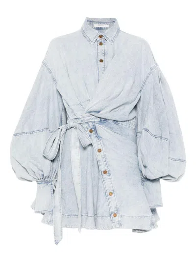 Zimmermann Rebellion Gathered Denim Mini Wrap Dress In Blue