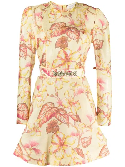 Zimmermann Hibiscus Floral-print Pleated Minidress In Multicolore