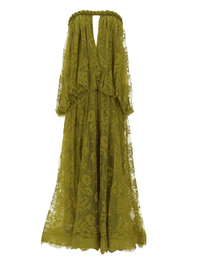 Zimmermann Flowing Off-shoulder Maxi Dress With Floral Lace Detail In Green