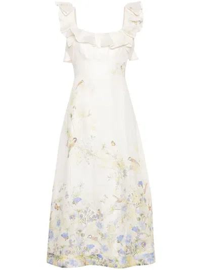 Zimmermann Harmony Printed Organza Midi Dress In Cream