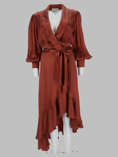 Zimmermann Abito Midi A Portafoglio In Seta In Burgundy
