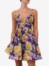 Zimmermann Luna Gathered Floral-print Linen And Silk-blend Mini Dress In Blue