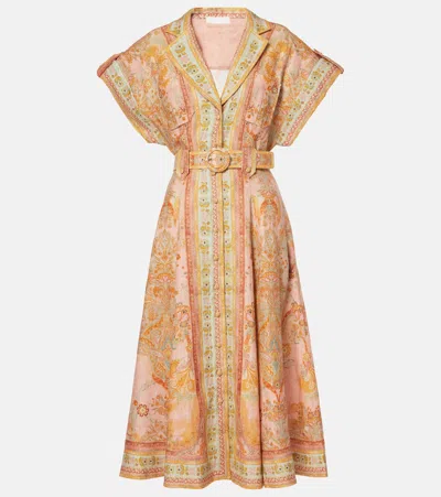 Zimmermann Acacia Floral Stripe Belted Linen Midi Shirtdress In Brown