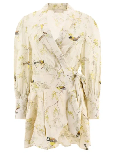 Zimmermann Acacia Birds-print Wrap Minidress In Neutrals