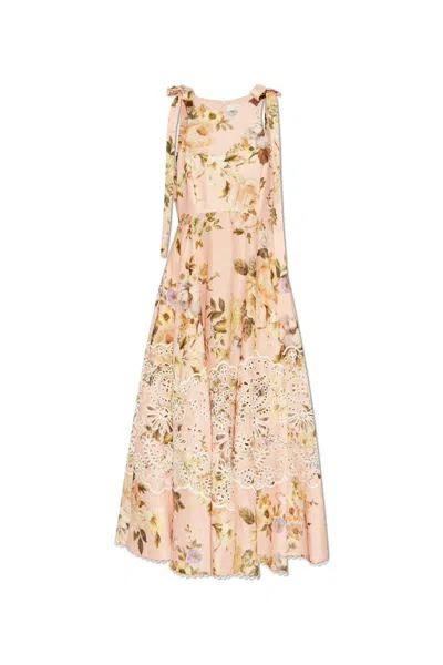 Zimmermann Acacia-broderie Midi Dress In Pink/green